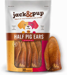 Jack&Pup Half Pig Ears 30-pack box view, premium chew treats for dogs.