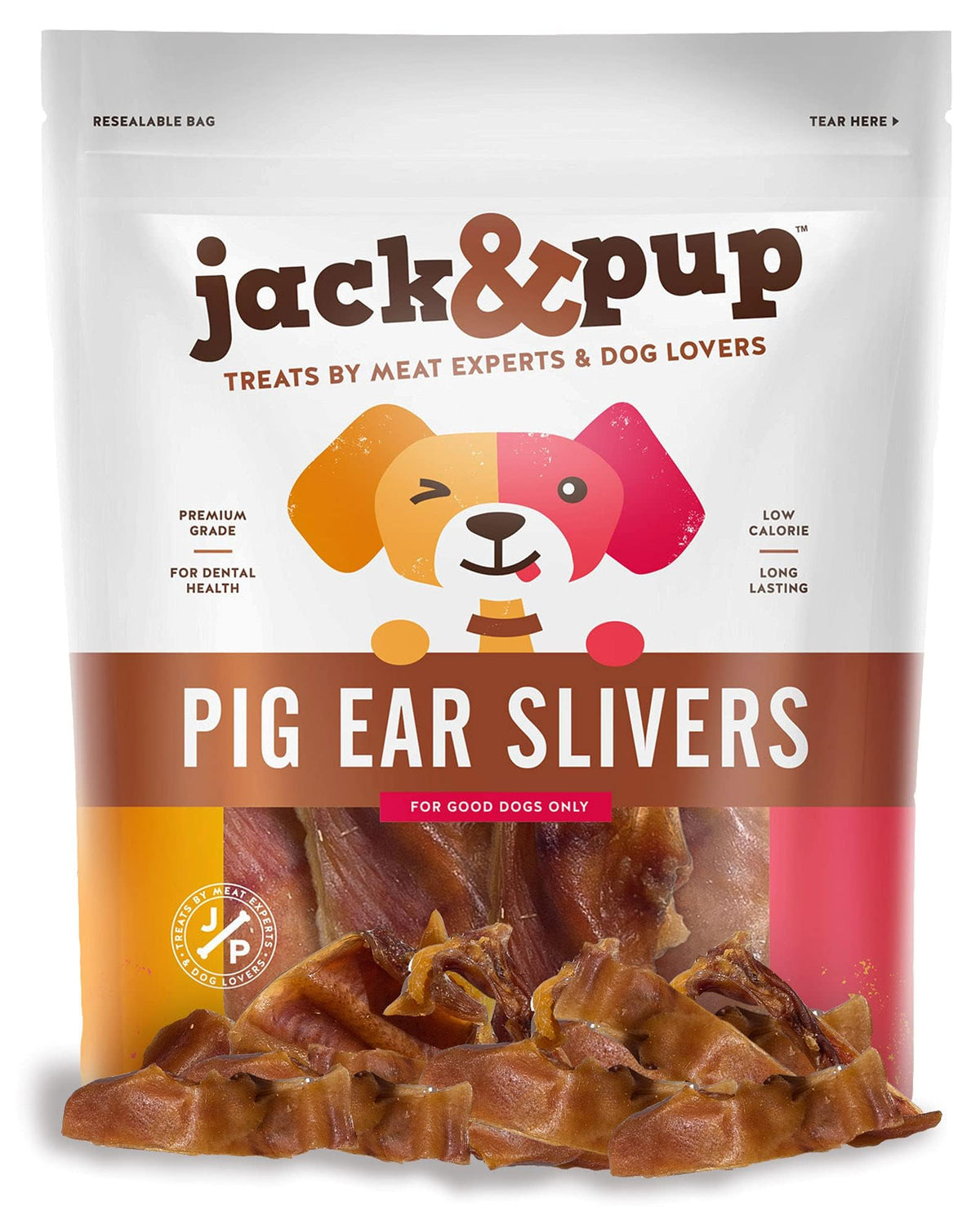 Jack&Pup Pig Ears Slivers 1lb pack: natural, single-ingredient chew for dogs.