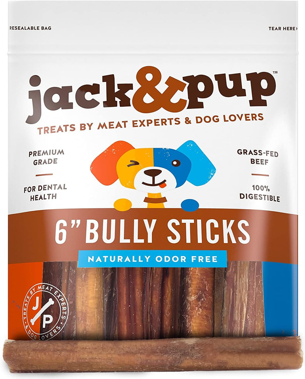 Jack&Pup 6-inch bully sticks packaging in resealable bag for freshness.