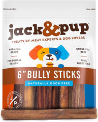 Jack&Pup 6-inch bully sticks packaging in resealable bag for freshness.
