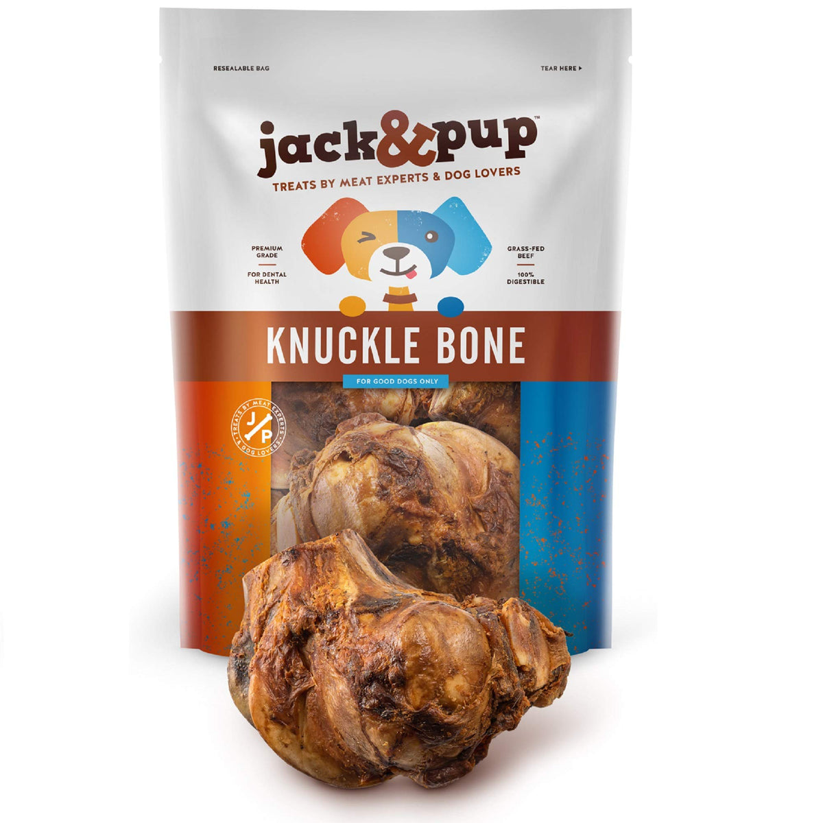 Jack&amp;Pup beef knuckle bones four-pack on display for long-lasting chews.