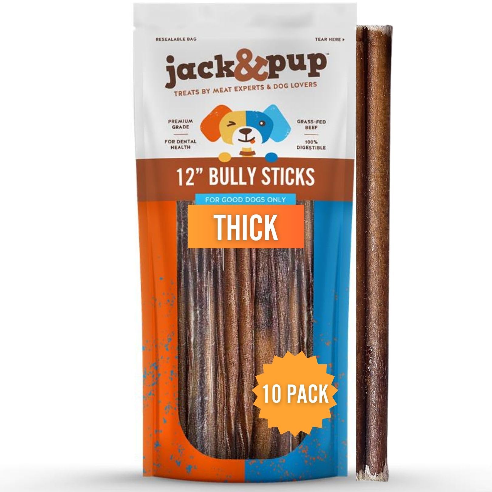Jack&Pup 12-inch bully sticks pack keeps large dogs engaged and supports natural chewing.