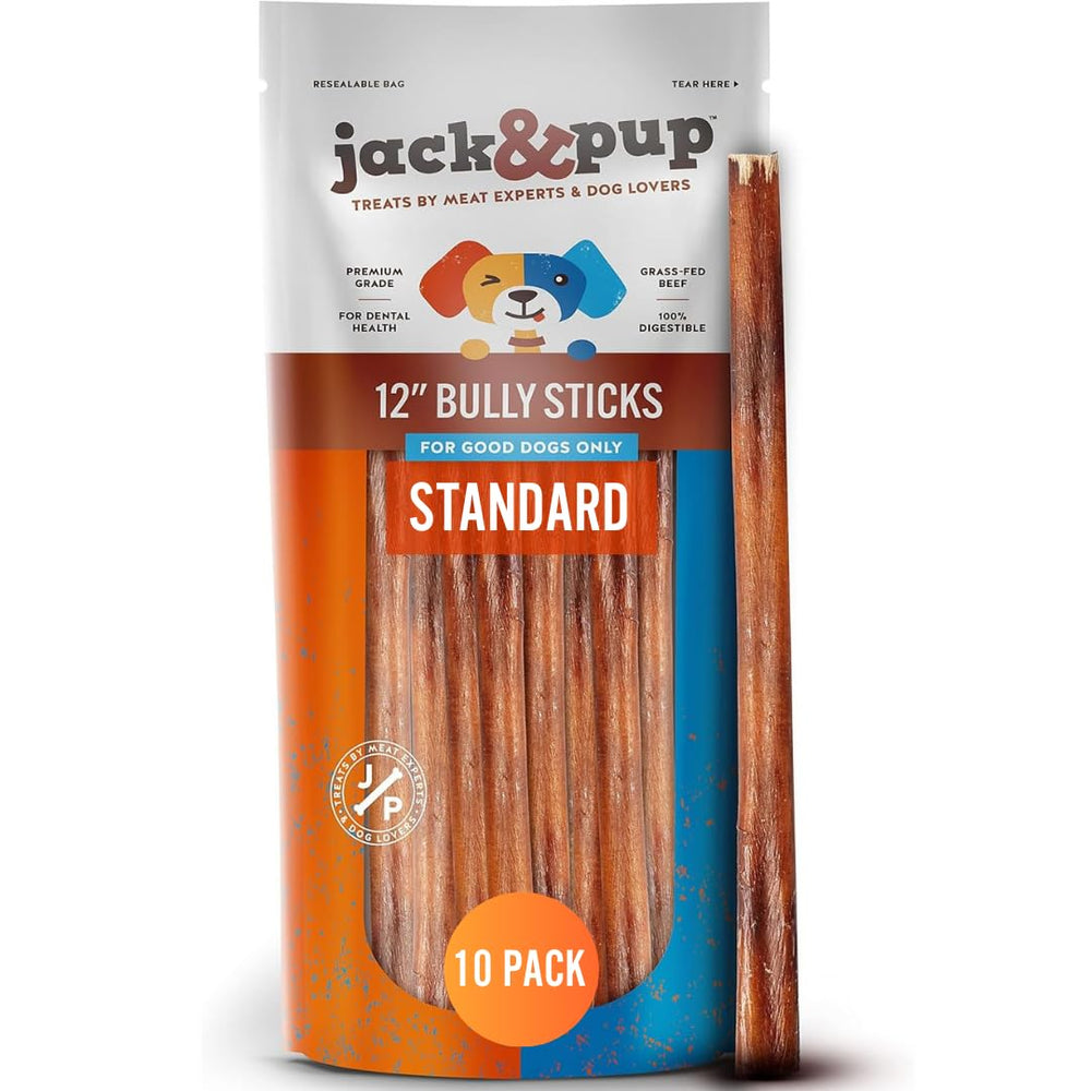 Jack&Pup 12-inch bully stick, standard thickness for long-lasting chews.
