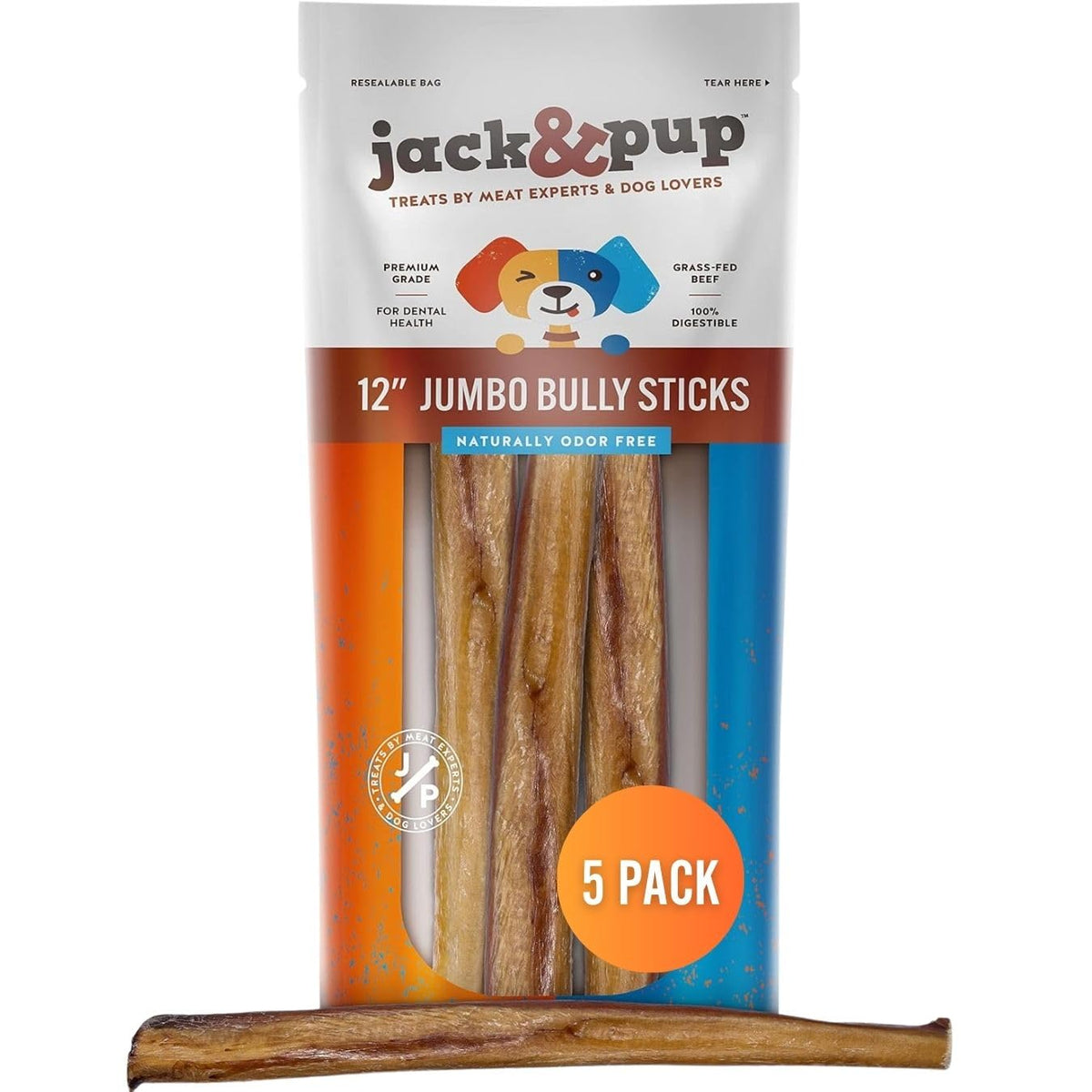 Jack&Pup 12-inch jumbo bully sticks pack: long-lasting chews for large dogs.