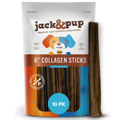 Jack&Pup 6-inch beef collagen sticks provide a rawhide-free, long-lasting chew for medium dogs.