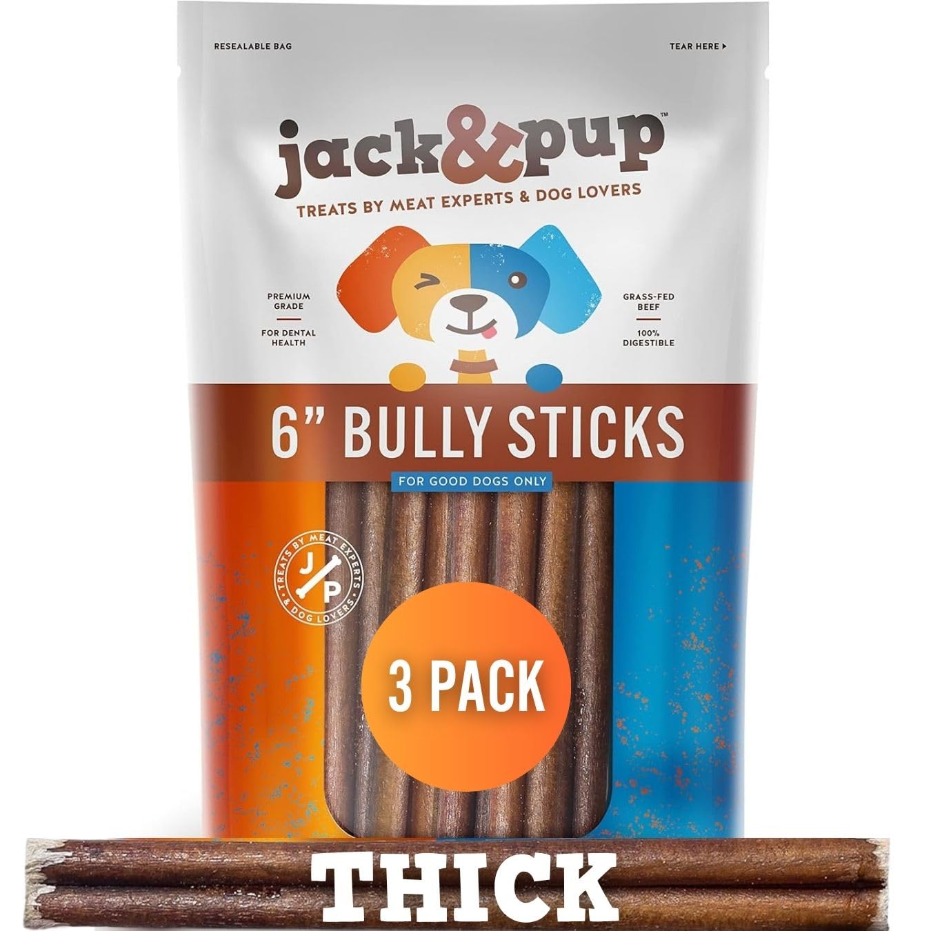 Jack&Pup 6-inch bully sticks 3-pack front view, ideal for power chewers.