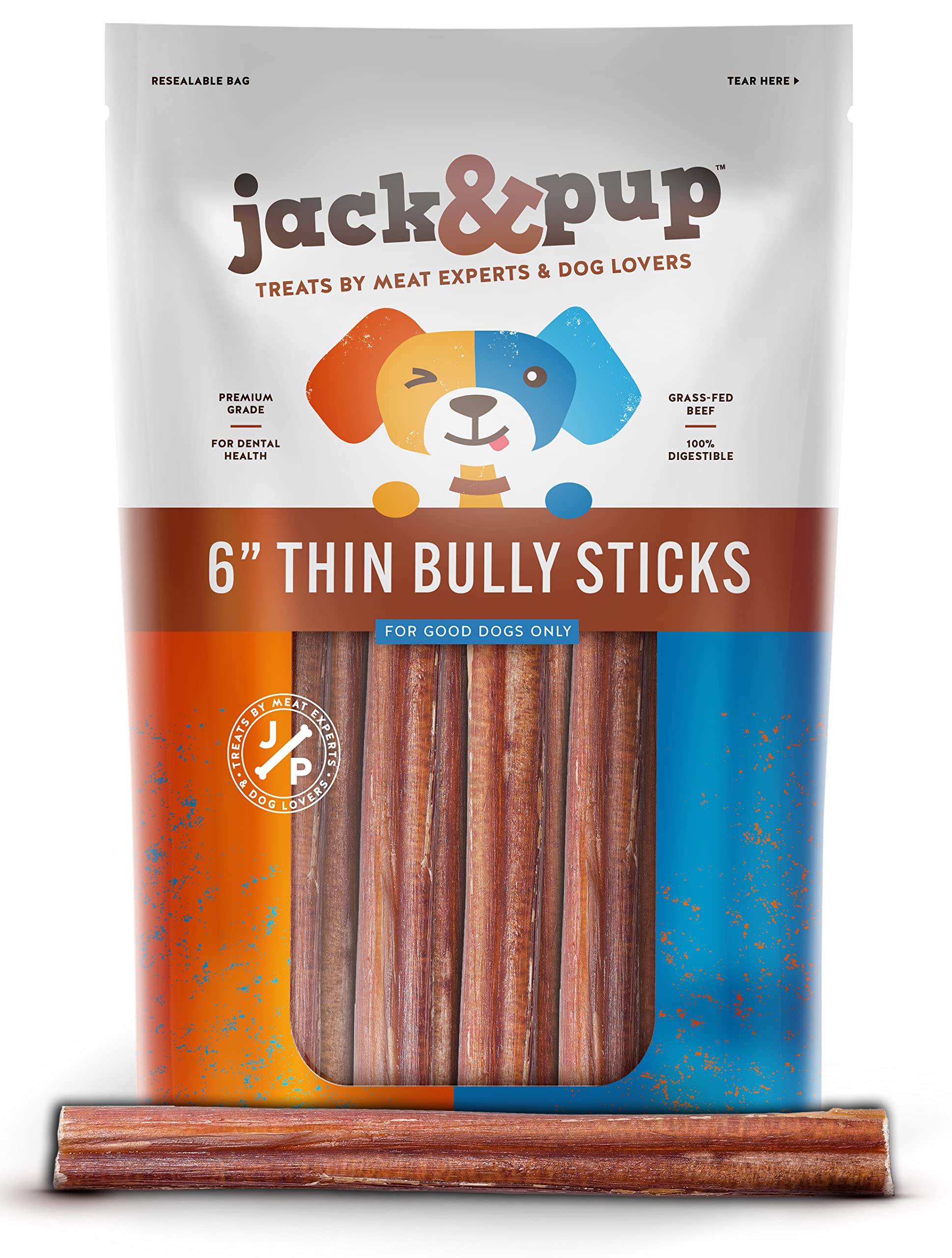 Jack&Pup 6-inch thin bully stick for small dogs, small-dogs-pack-01, supports dental health.
