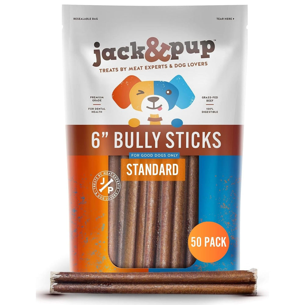 JackPup 6-inch bully stick pack 50 for long-lasting chews.