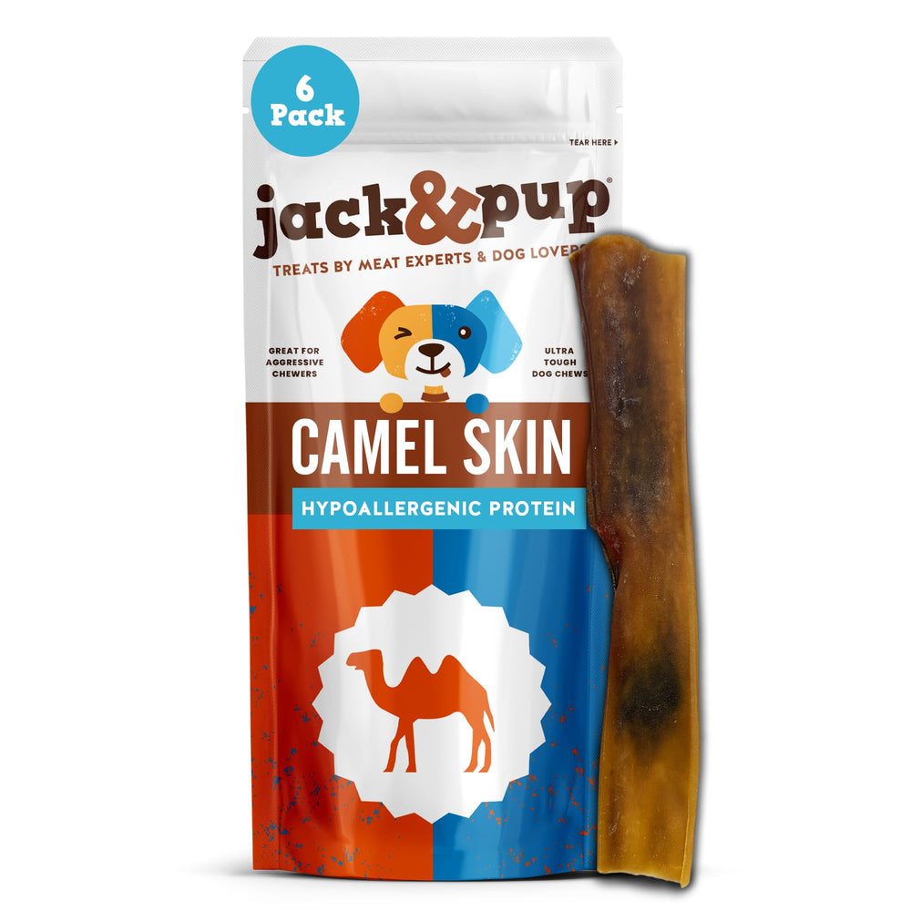 Jack&Pup camel skin chews 6ct pack for aggressive chewers with long-lasting collagen.