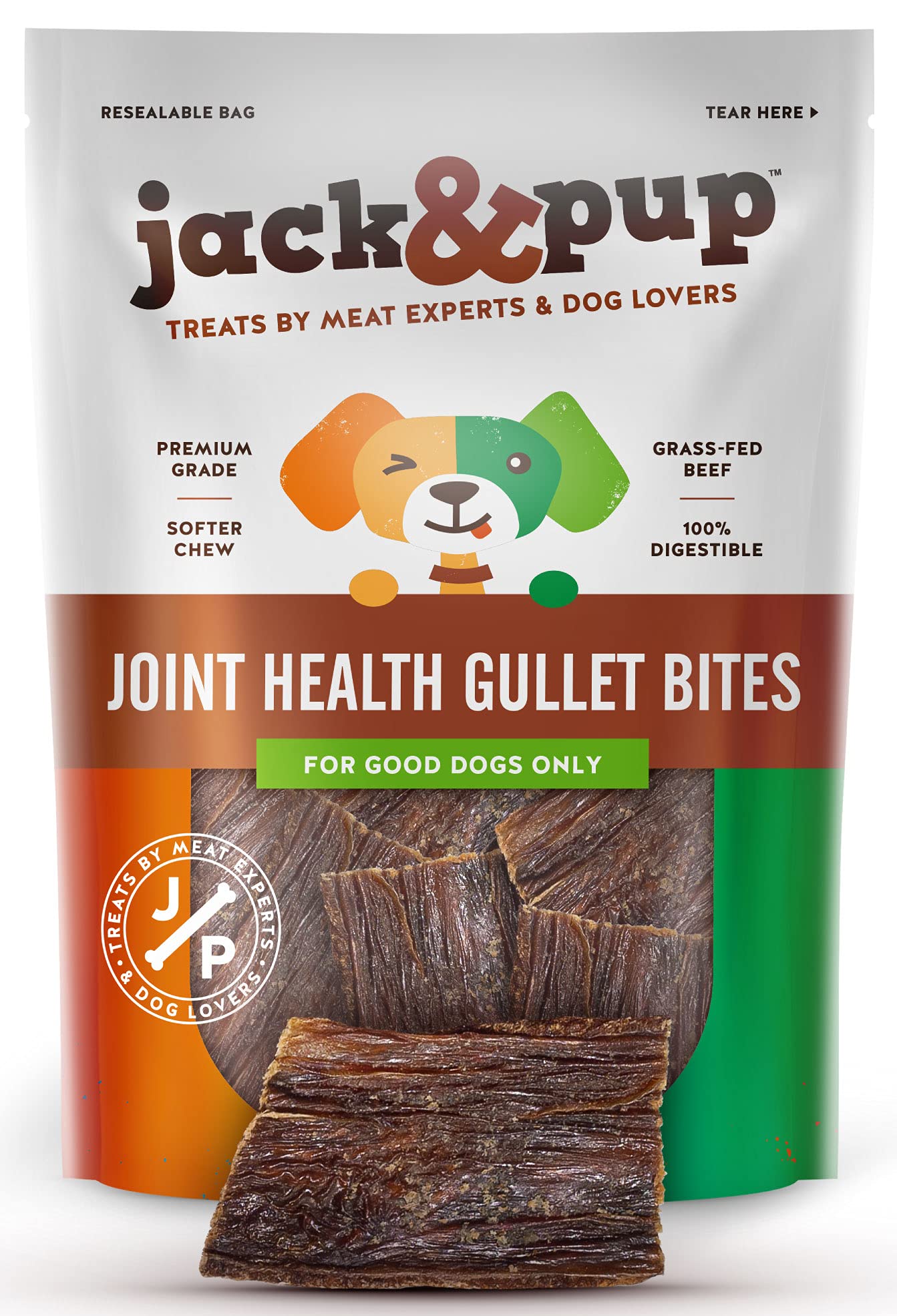 Jack&Pup Gullet Bites pack visible, ideal for daily rewards and long-lasting chewing.