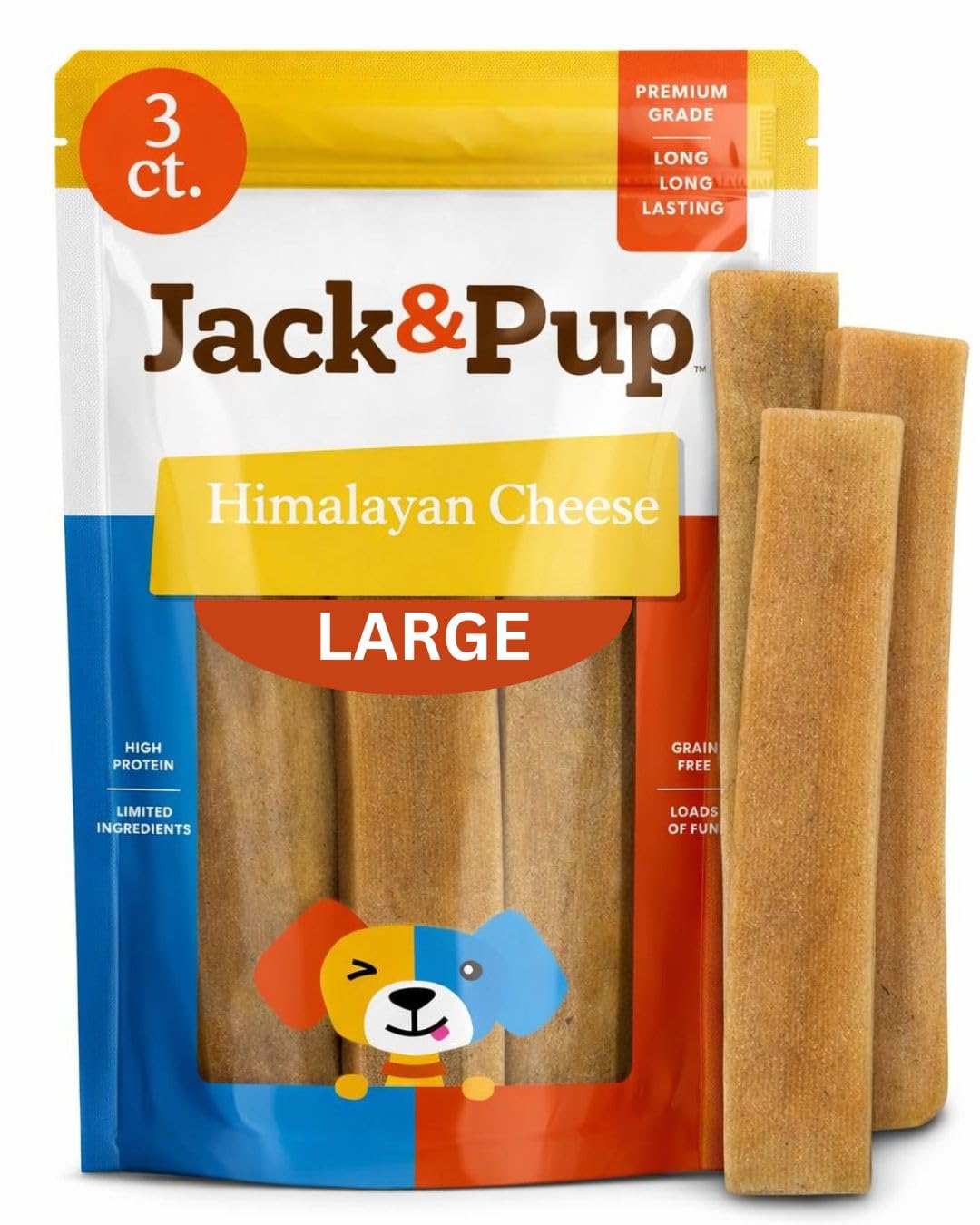 Jack&Pup yak cheese Himalayan dog chew sticks—three 3-ounce pieces—long-lasting.