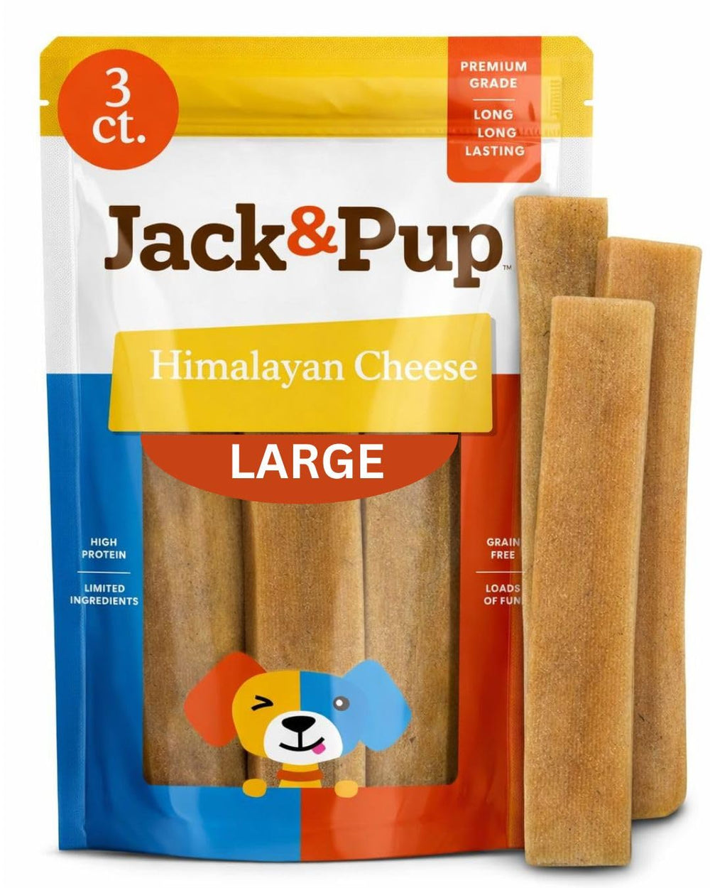 Jack&Pup yak cheese Himalayan dog chew sticks—three 3-ounce pieces—long-lasting.