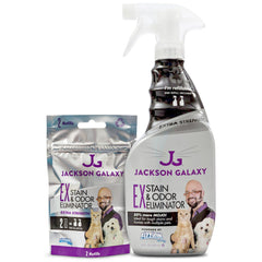 Jackson Galaxy EX bottle front showing odor-eliminating design for pet messes
