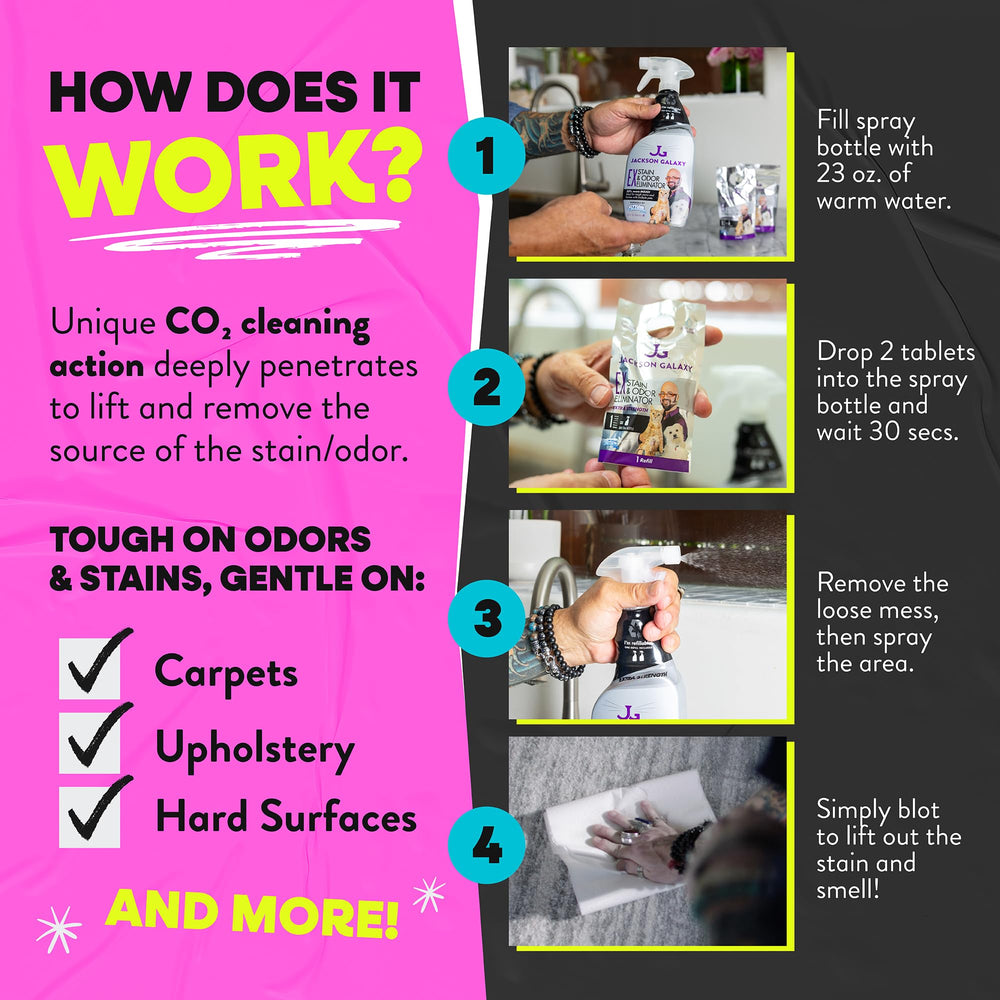 Jackson Galaxy EX cleans vomit and feces on surface.