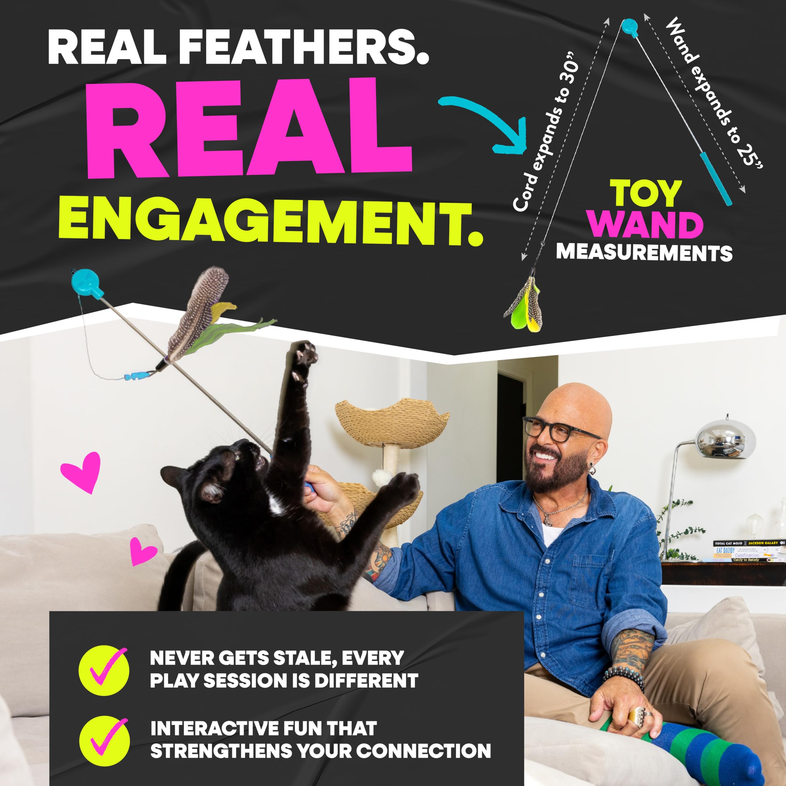 Feathers create a whoosh sound during Gotcha! wand play to captivate cats.