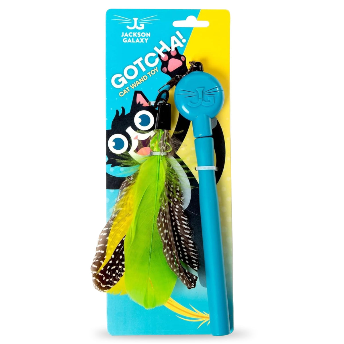 Jackson Galaxy Gotcha! wand with retractable telescoping wand and natural feathers for engaging play.