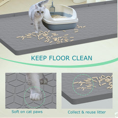 Jacooxi litter mat with raised edges prevents spills around the litter box.