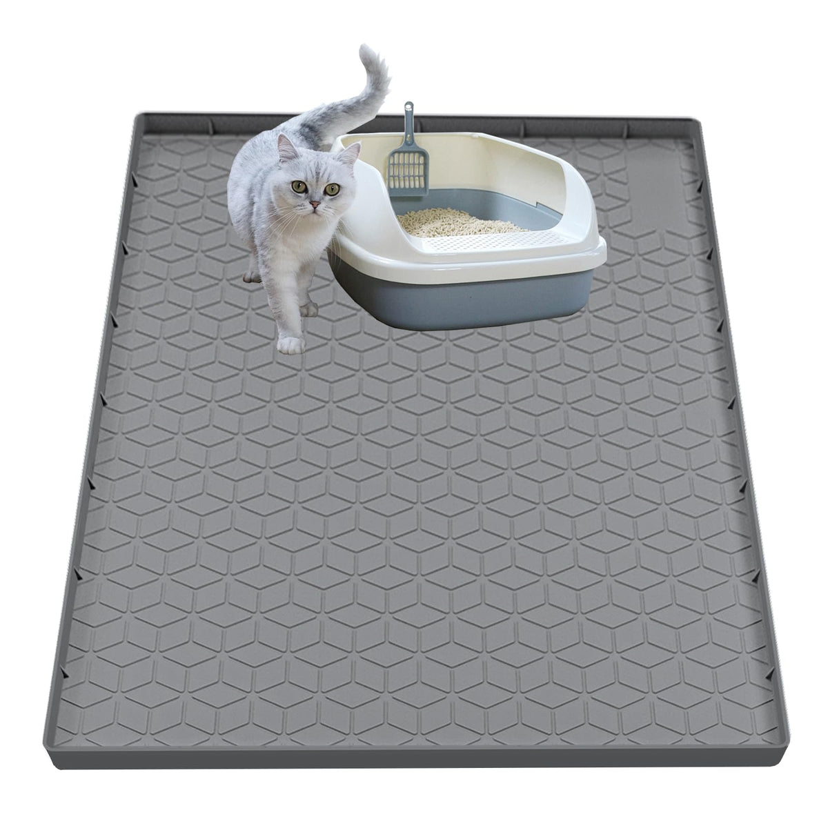 Jacooxi cat litter mat silicone gray traps litter and protects floors.