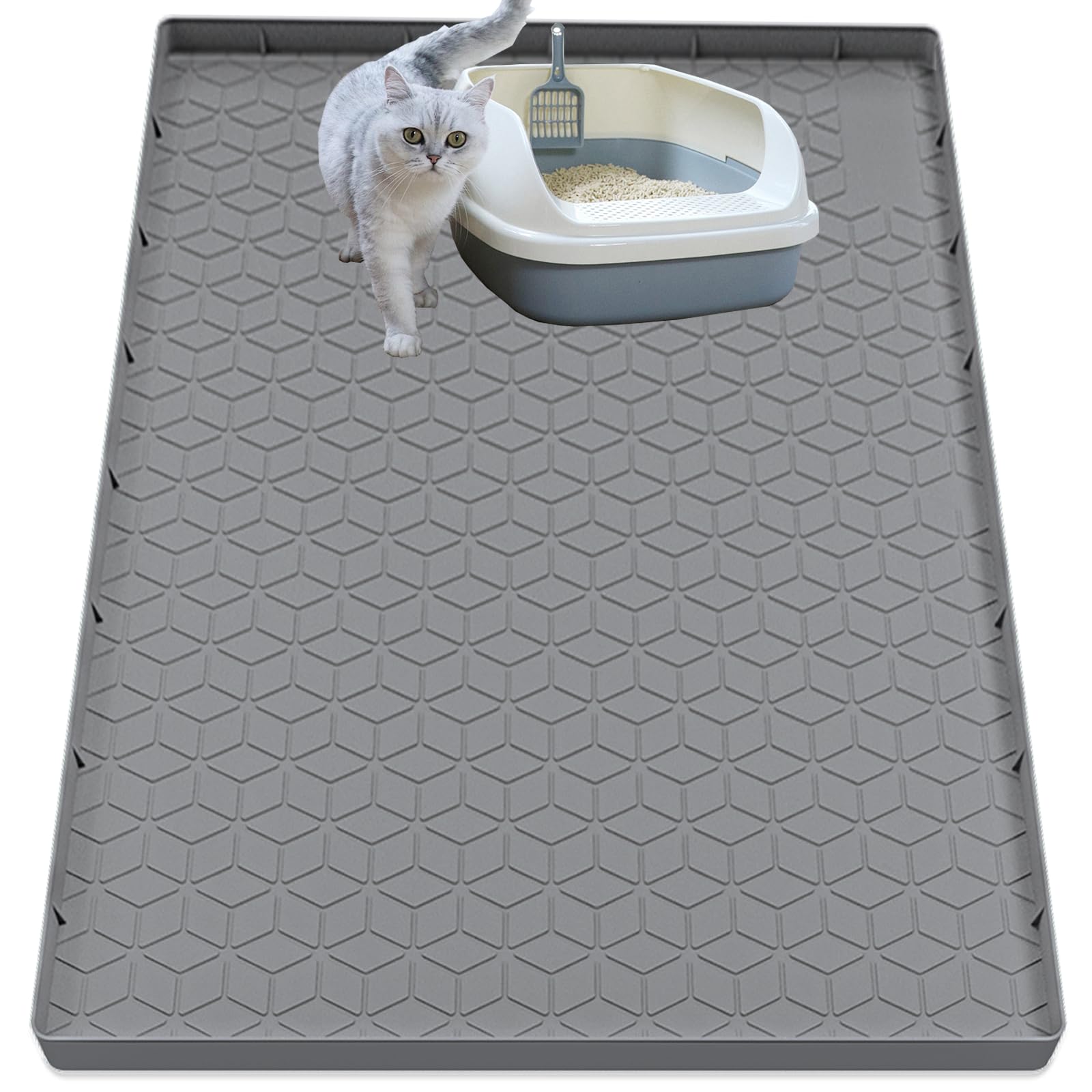 Jacooxi cat litter mat 40x28 silicone traps litter and protects floors.