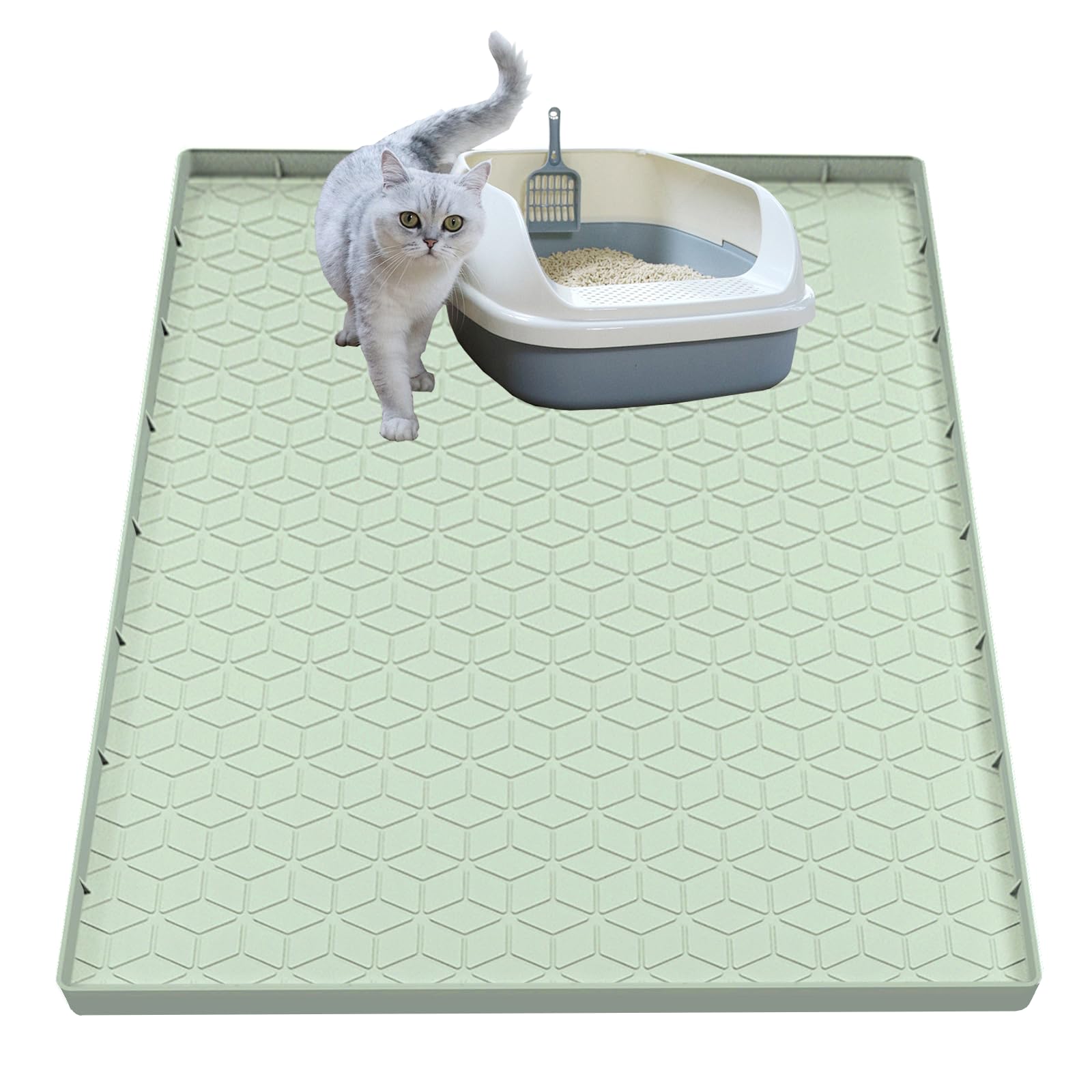 Jacooxi cat litter mat in green, full 34x22 size, traps litter and protects floors.