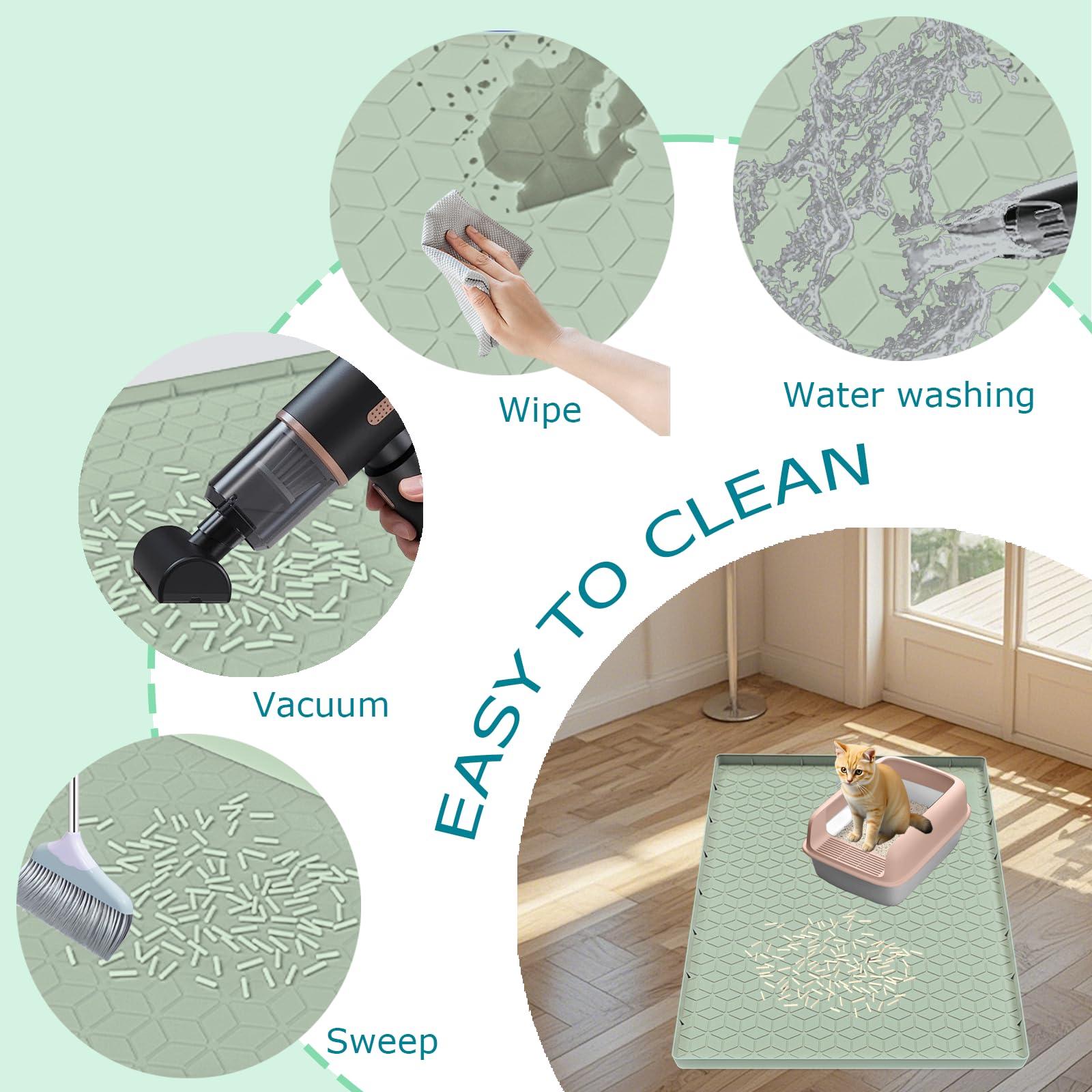 Jacooxi raised edge litter mat preventing spills and keeping water off the floor.