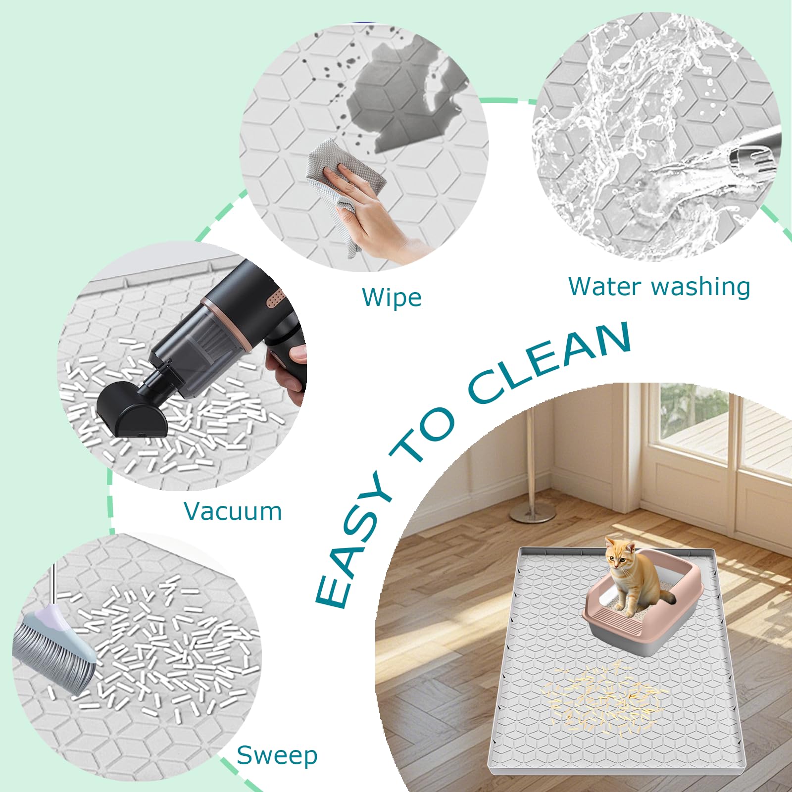 Jacooxi litter mat easy-clean close-up demonstrating rinse and wipe