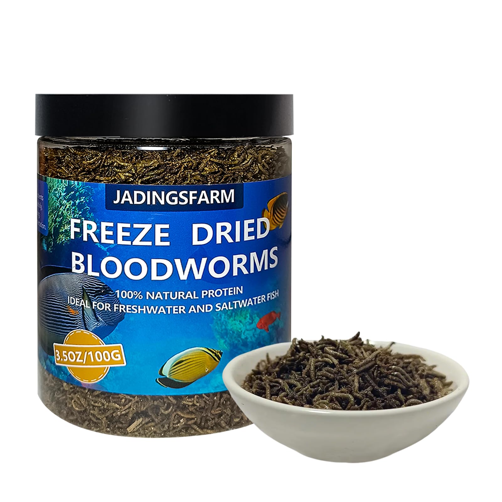 JADINGSFARM freeze-dried blood worms 3-5oz pack showing protein-rich feeding option.