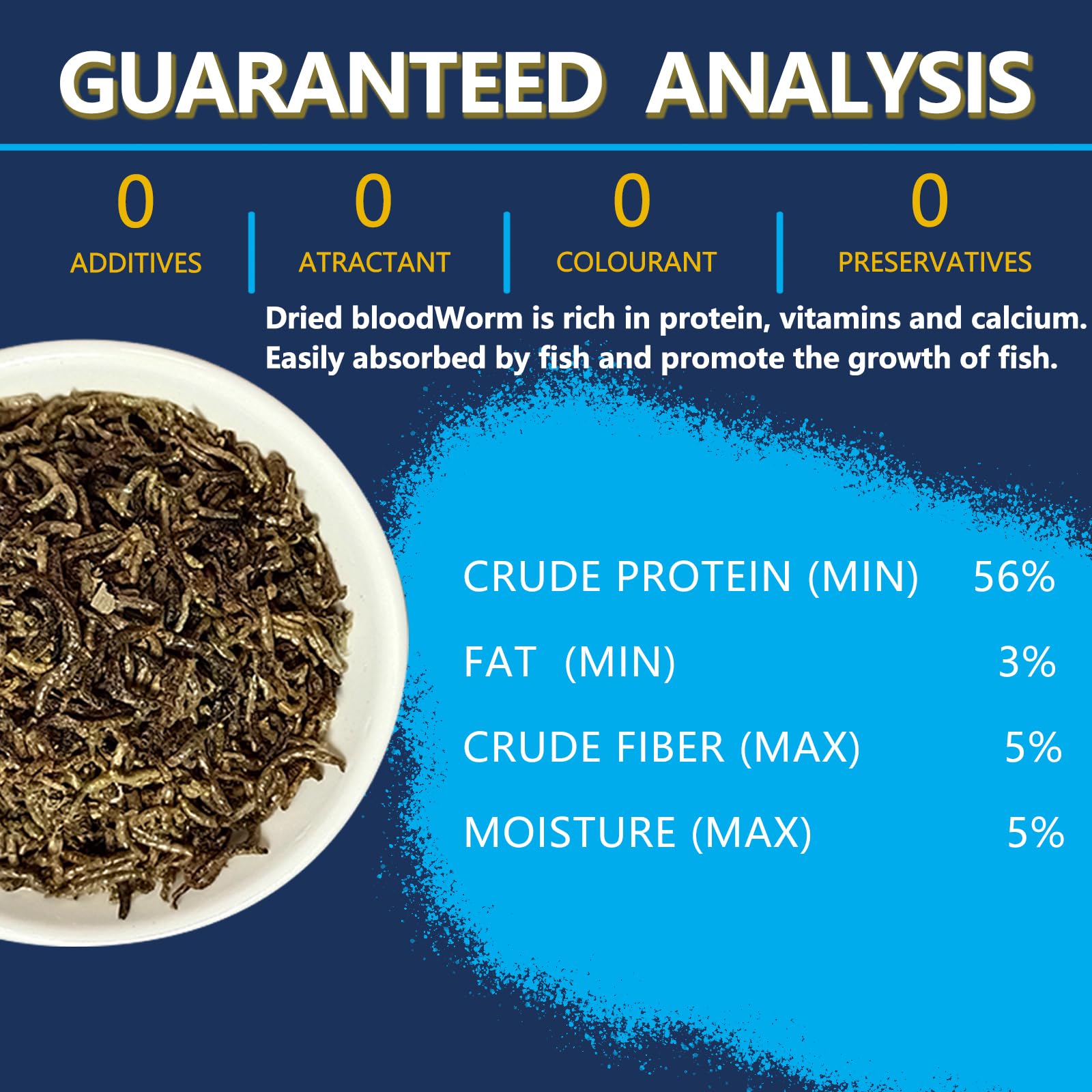 Close-up of JADINGSFARM blood worms, freeze-dried preserving natural nutrition for fish.