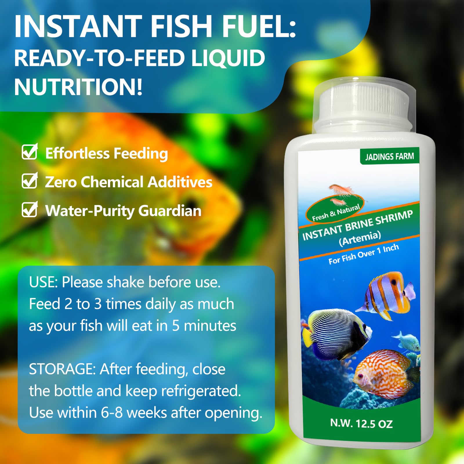 JADINGSFARM Brine Shrimp Food close-up of label and packaging