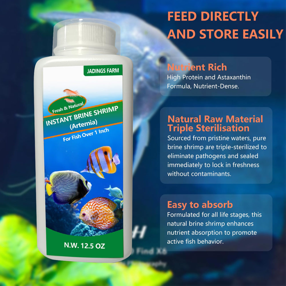 JADINGSFARM Brine Shrimp Food packaging label emphasizing freshness and safety