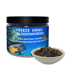 JADINGSFARM freeze-dried bloodworms bottle close-up, a protein-rich treat for fish