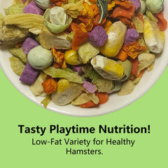 JADINGSFARM freeze-dried fruits and vegetables close-up reveals crunchy textures for small pets.