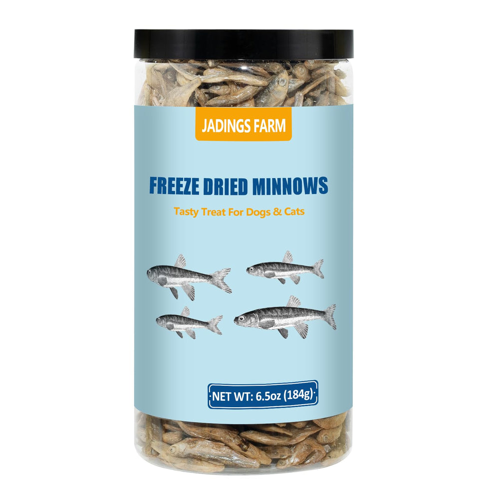 JADINGSFARM freeze-dried minnows in bottle, protein-rich treat for pets.
