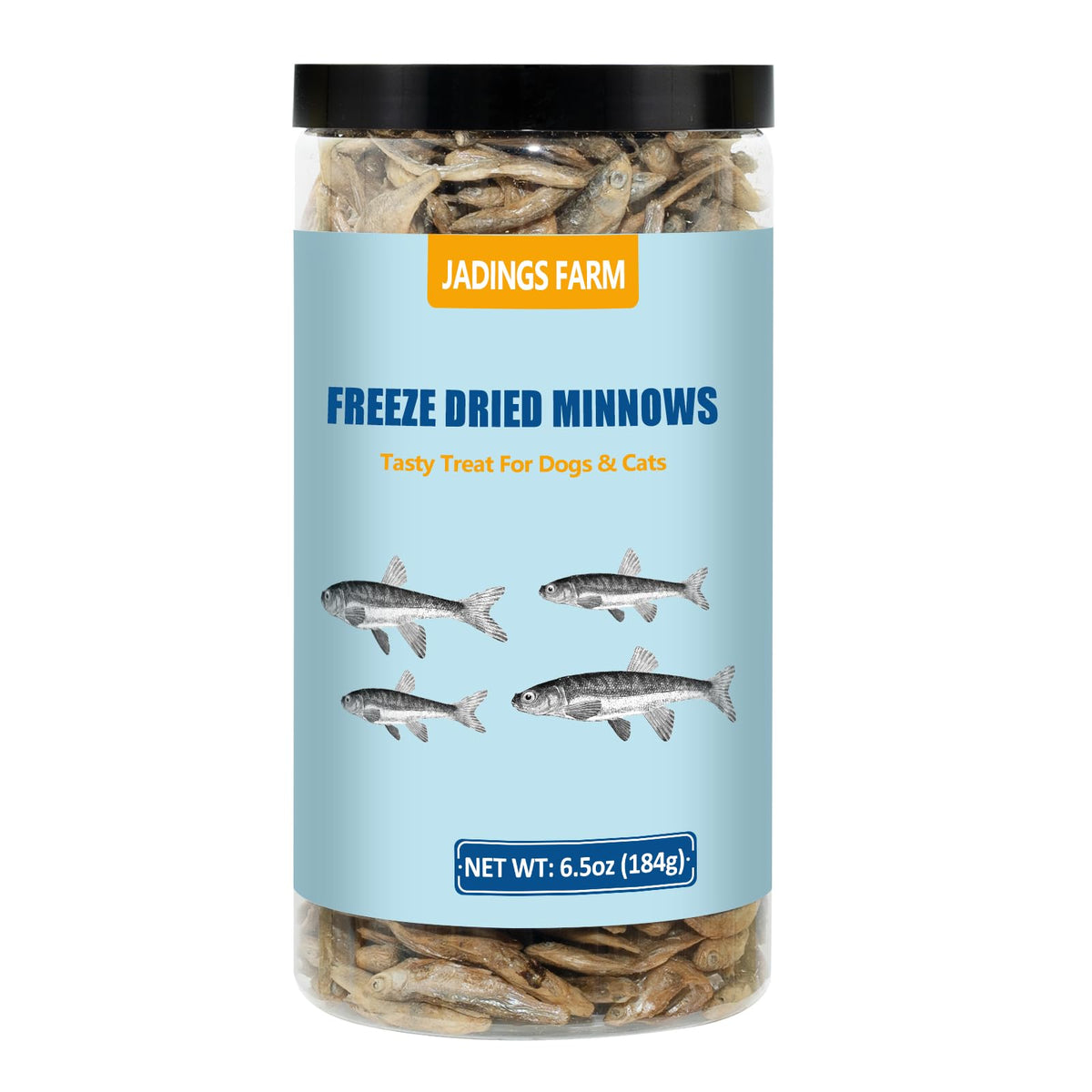 JADINGSFARM freeze-dried minnows in bottle, protein-rich treat for pets.
