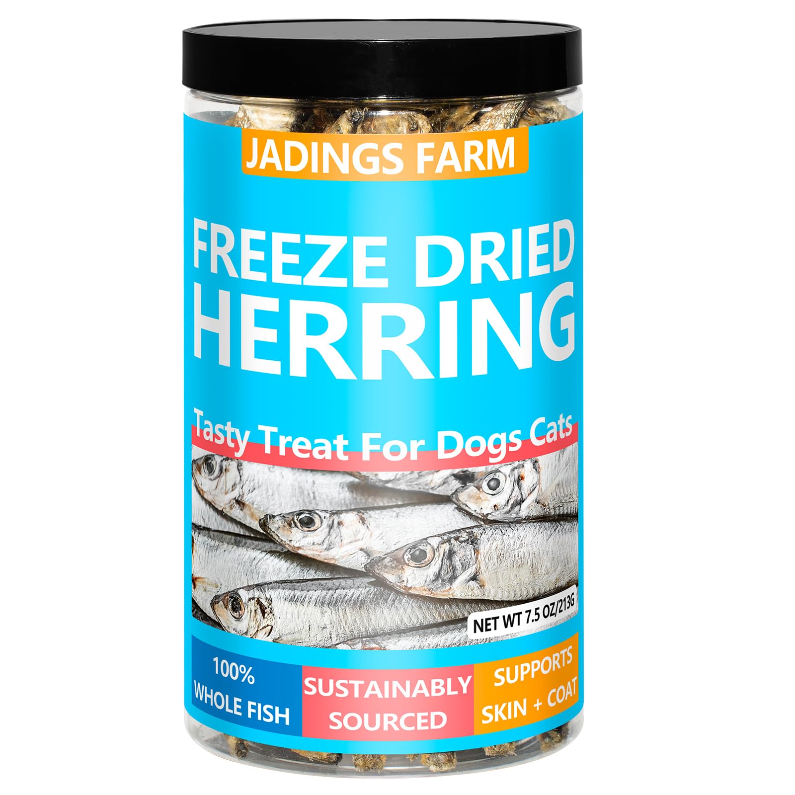 JADINGSFARM herring treats packaging shown, convenient single-ingredient snack for pets.
