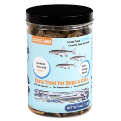 JADINGSFARM Minnows 4oz freeze-dried bites showcase high protein for dogs and cats.