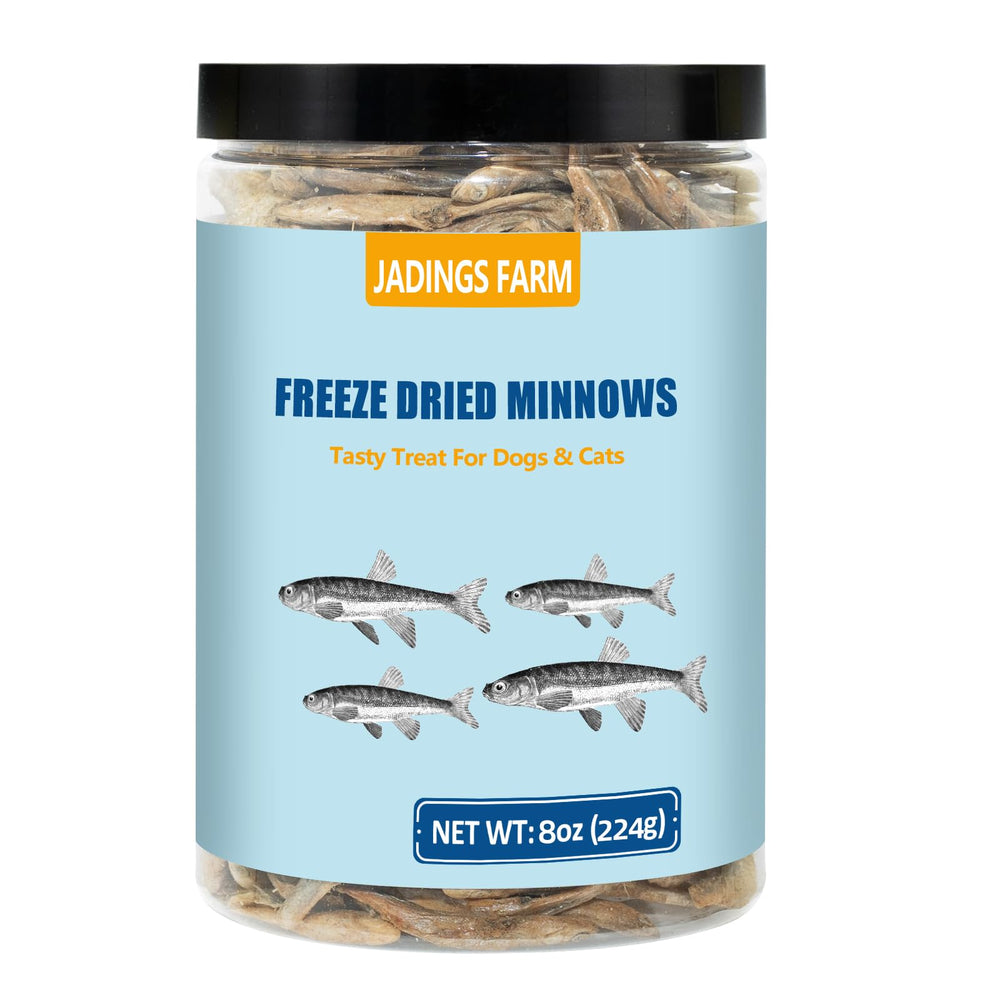 JADINGSFARM Minnows 8 oz jar — freeze-dried treats for training rewards.