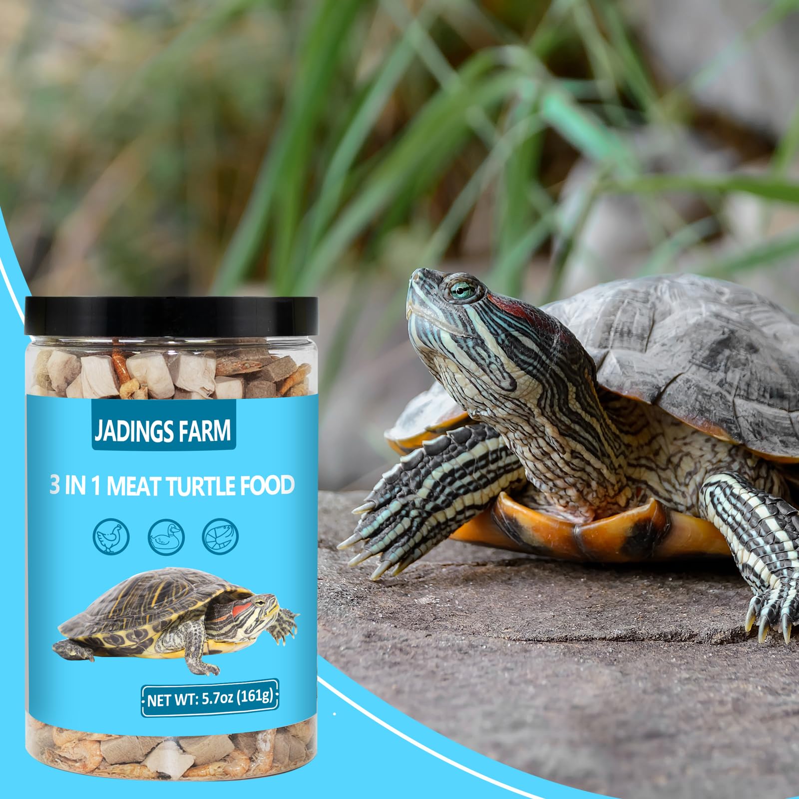 JADINGSFARM Turtle Food easy-open can for convenient storage and feeding.