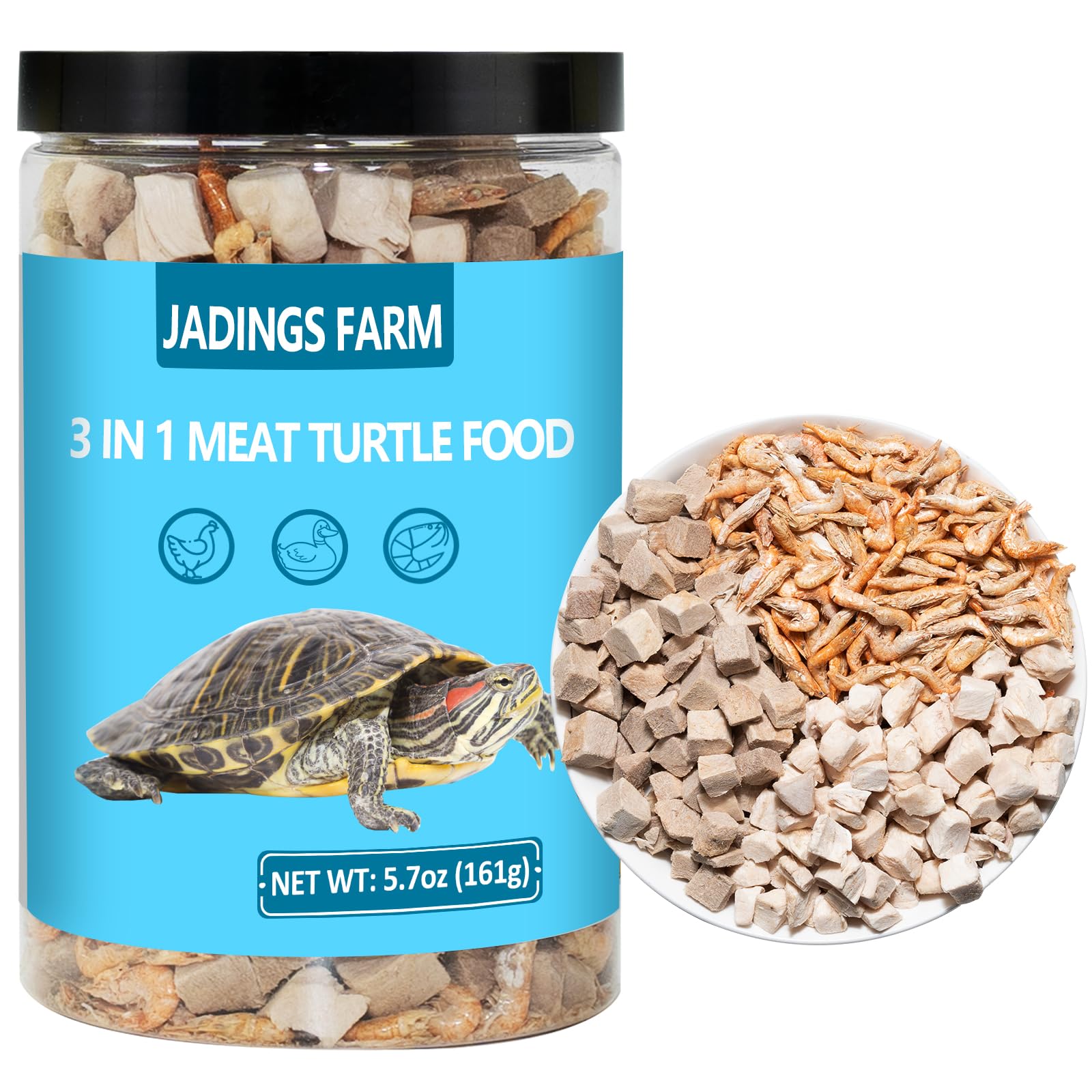 JADINGSFARM Turtle Food freeze-dried meat of chicken, duck, and shrimp for peak nutrition.