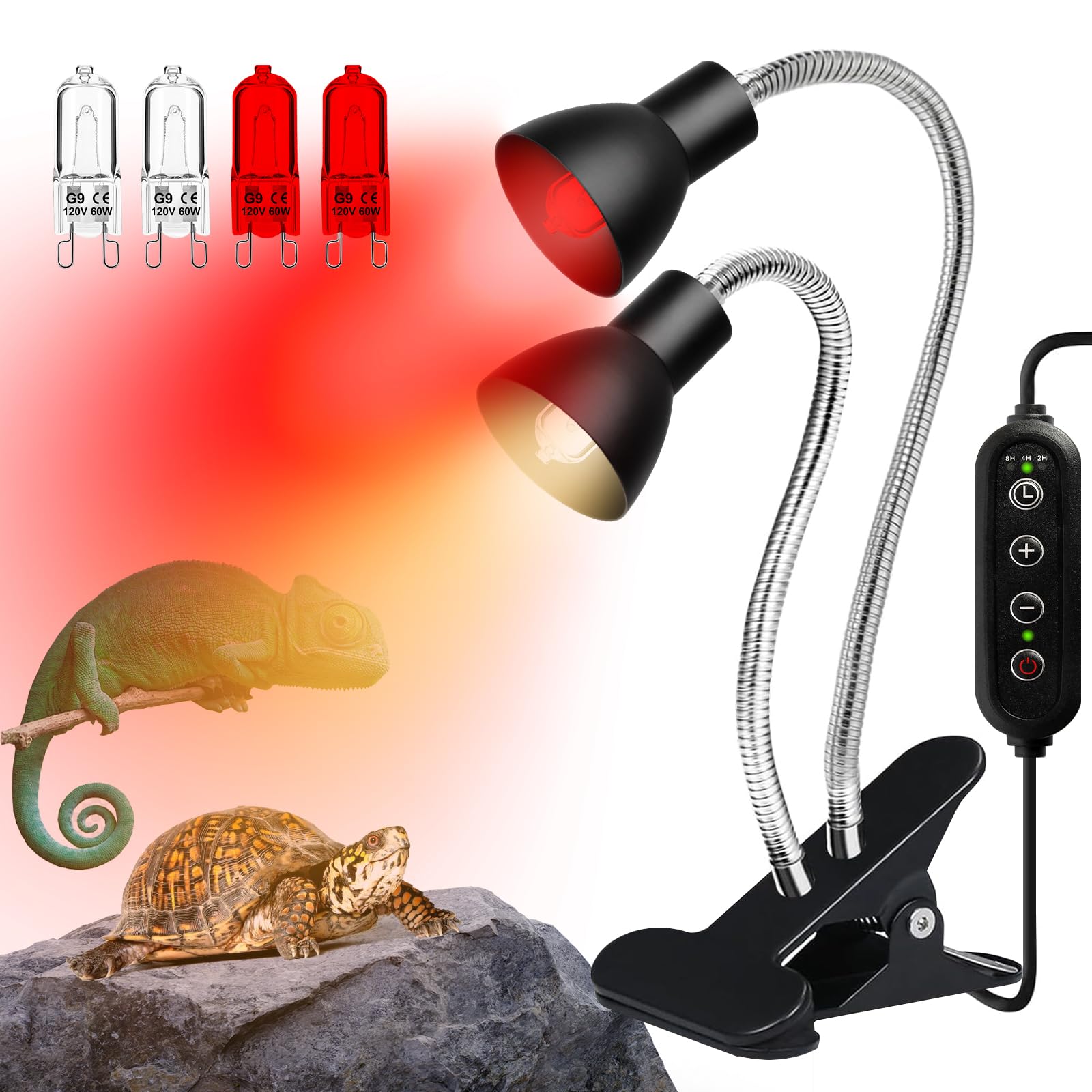 Jaenmsa heat lamp basking setup with white bulbs for reptiles’ warmth and activity.