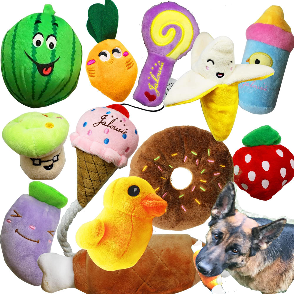 Jalousie 12-pack squeaky plush dog toys for small and medium dogs, engaging squeaks.