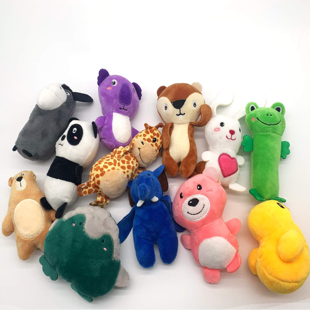 Jalousie display of assorted plush toys ideal as a gift for playful puppies