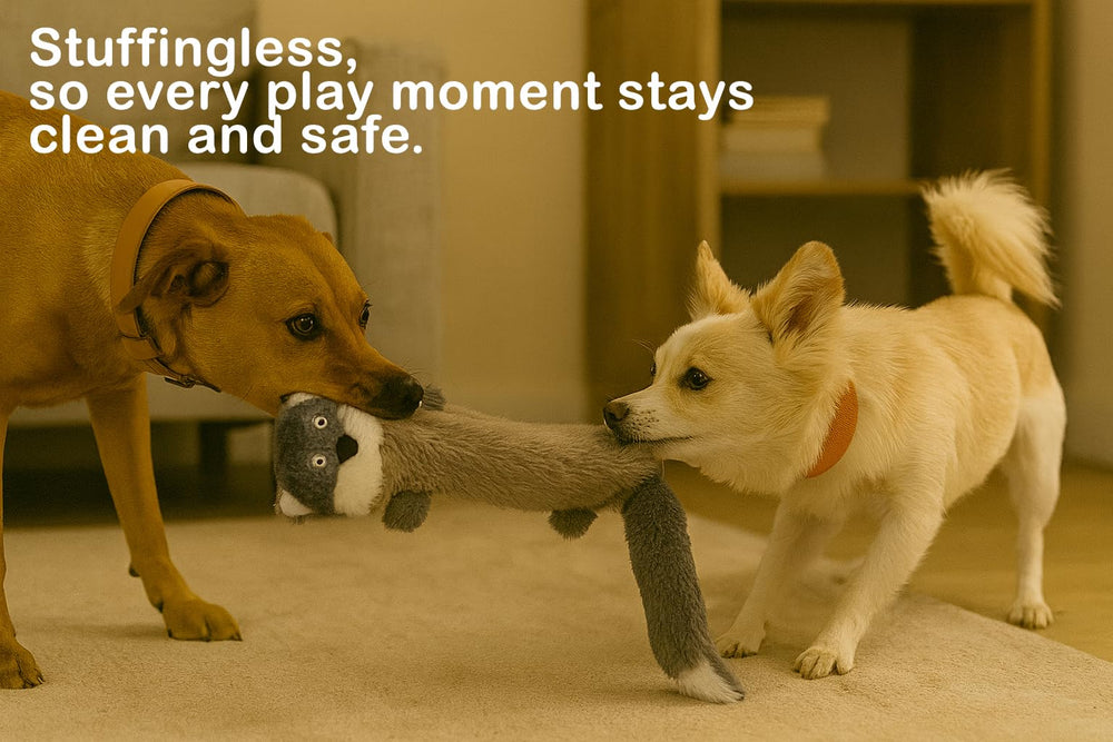 Jalousie badger squeaky toy highlights no-stuffing design for mess-free fun.