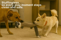 Jalousie badger squeaky toy highlights no-stuffing design for mess-free fun.