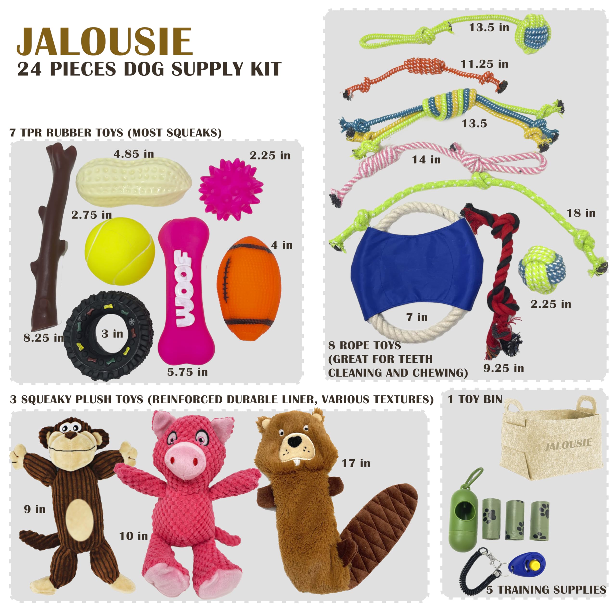 Jalousie dog toy bulk gift basket showcasing 24-pc set for dogs