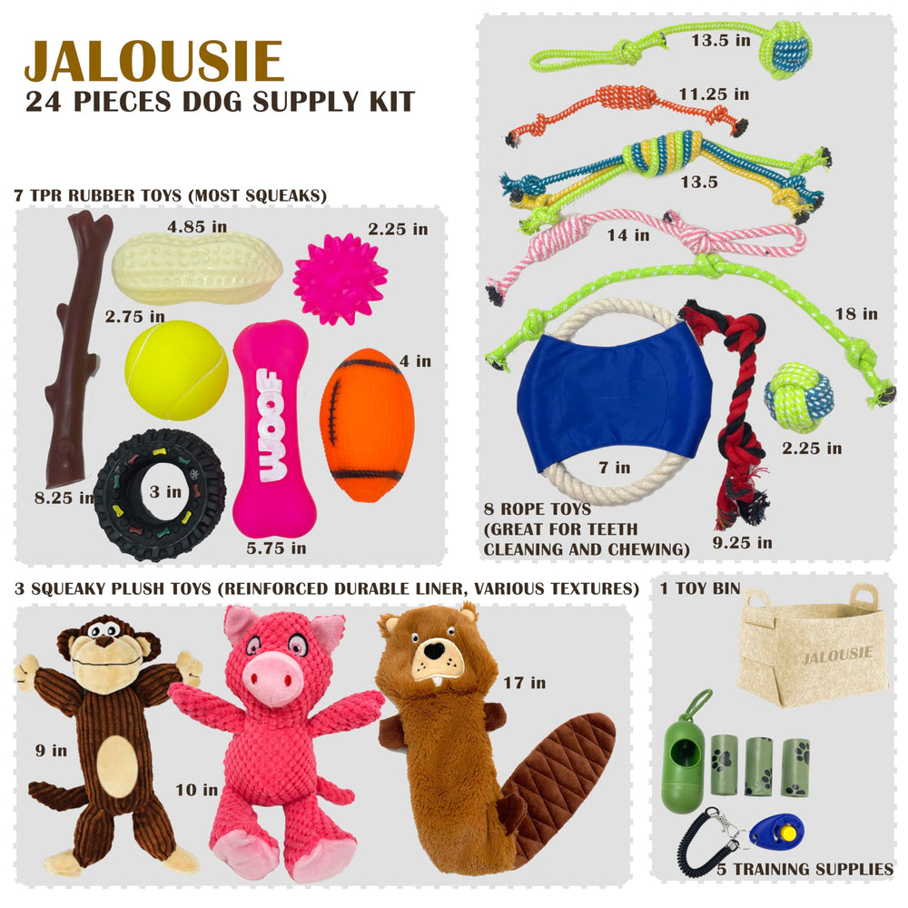 Jalousie dog toy bulk gift basket showcasing 24-pc set for dogs