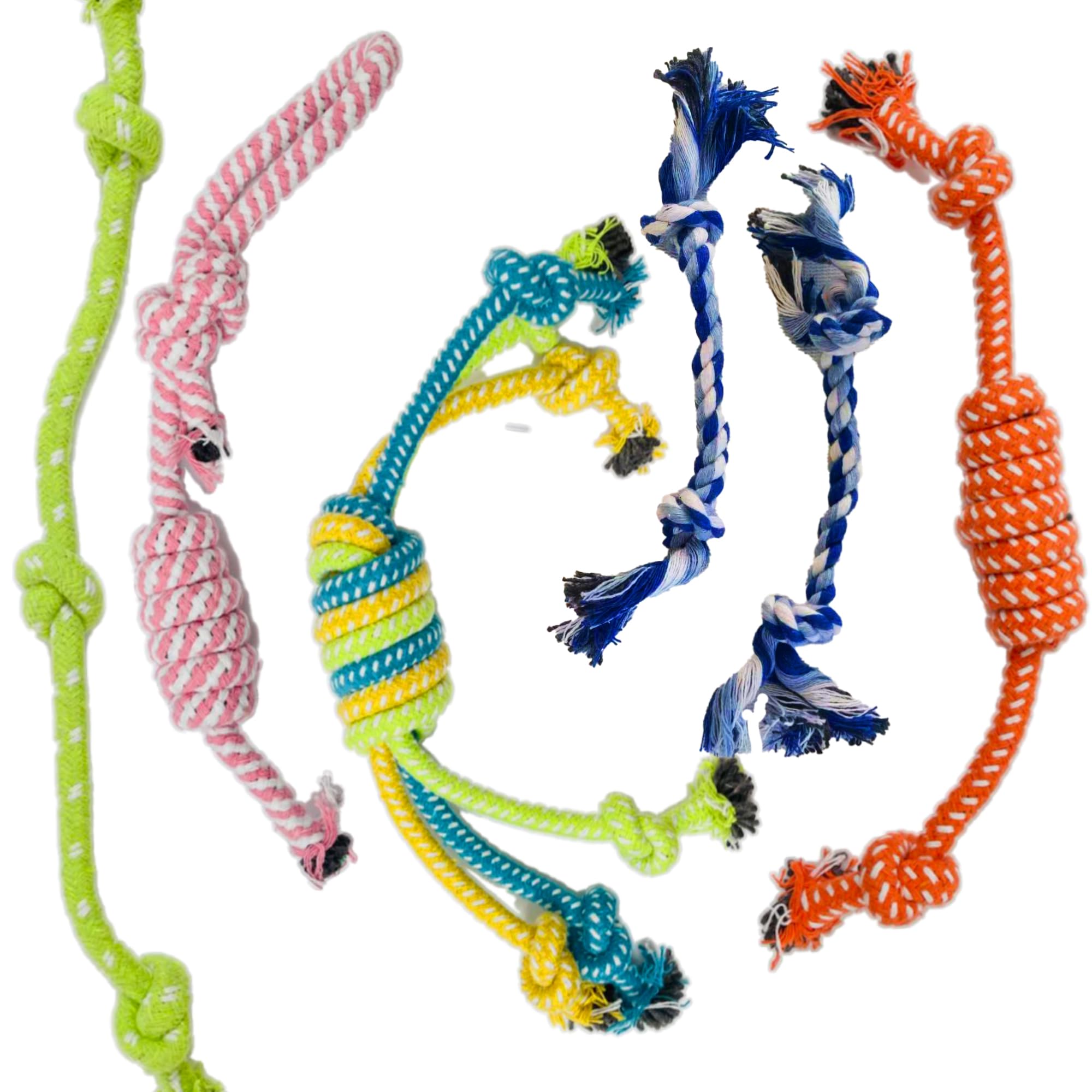 Jalousie rope-toy dog play scene with textured strings for tug and grab games.
