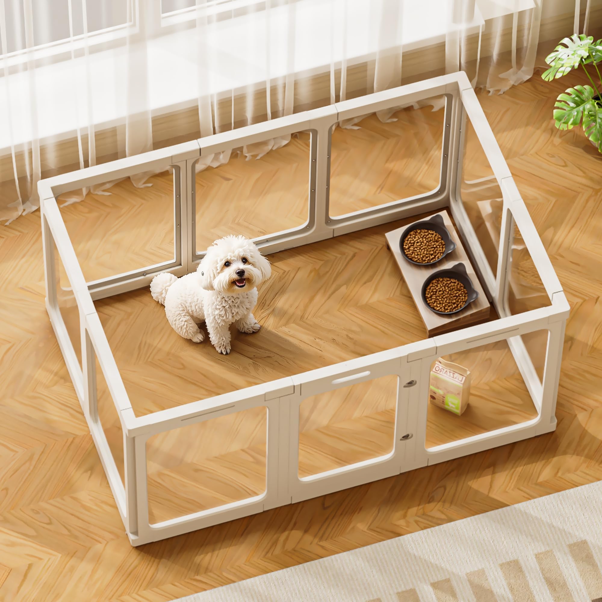 Jalove acrylic dog playpen with door and clear panels for supervised play