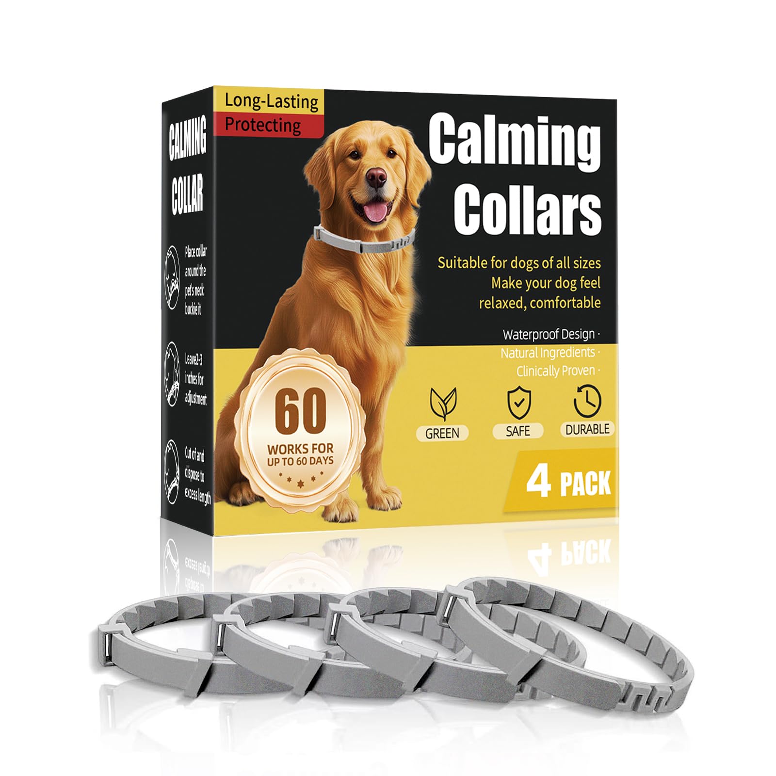 Jaoernv calming collar pack four in box promotes ease during travel and new environments.
