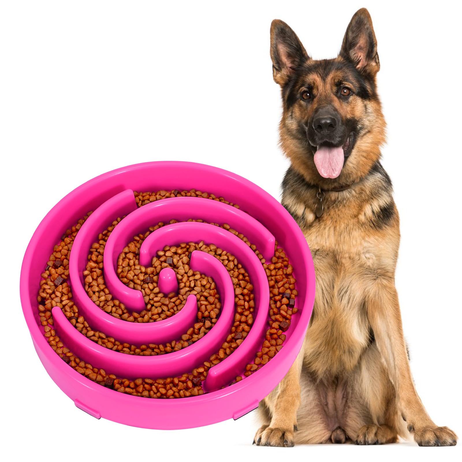 JASGOOD rose red slow-feeder bowl with spiral maze for mindful meals.